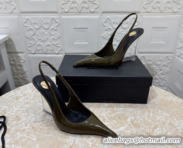 Best Grade Saint Laurent Pointy Slingback Wedge Pumps 10.5cm in Patent Leather Green 1028090