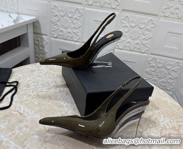 Best Grade Saint Laurent Pointy Slingback Wedge Pumps 10.5cm in Patent Leather Green 1028090