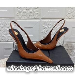Duplicate Saint Laurent Pointy Slingback Wedge Pumps 10.5cm in Patent Leather Brown 1028091