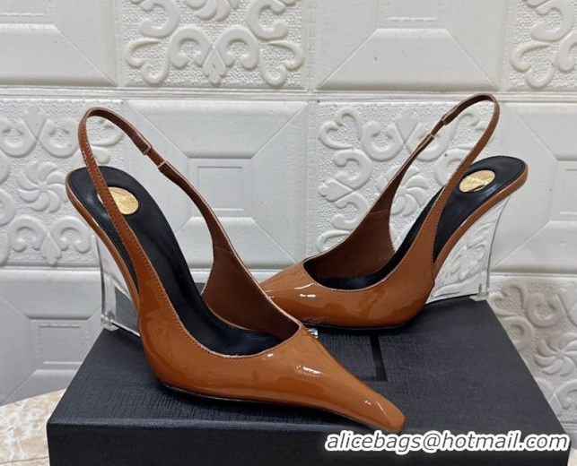 Duplicate Saint Laurent Pointy Slingback Wedge Pumps 10.5cm in Patent Leather Brown 1028091