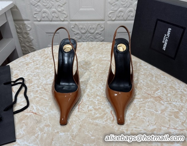 Duplicate Saint Laurent Pointy Slingback Wedge Pumps 10.5cm in Patent Leather Brown 1028091