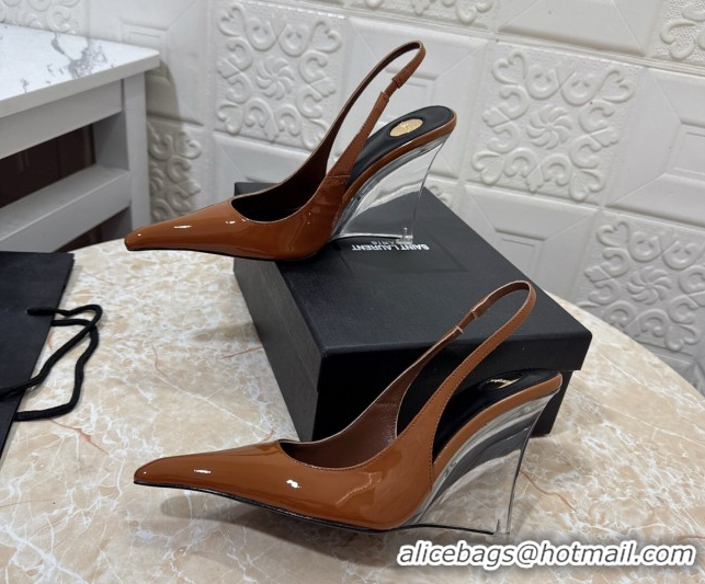 Duplicate Saint Laurent Pointy Slingback Wedge Pumps 10.5cm in Patent Leather Brown 1028091