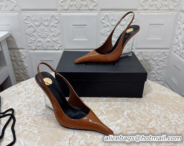 Duplicate Saint Laurent Pointy Slingback Wedge Pumps 10.5cm in Patent Leather Brown 1028091
