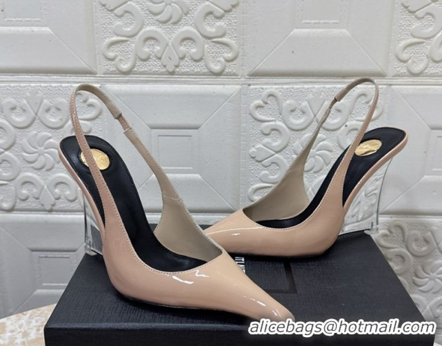 Hot Style Saint Laurent Pointy Slingback Wedge Pumps 10.5cm in Patent Leather Nude Pink 1028092