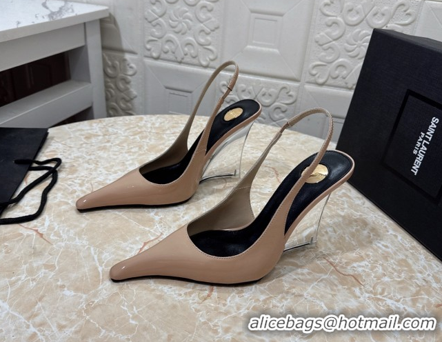 Hot Style Saint Laurent Pointy Slingback Wedge Pumps 10.5cm in Patent Leather Nude Pink 1028092