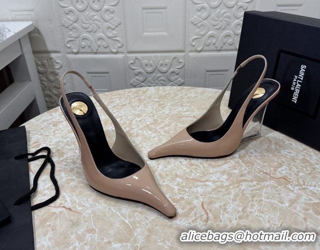 Hot Style Saint Laurent Pointy Slingback Wedge Pumps 10.5cm in Patent Leather Nude Pink 1028092