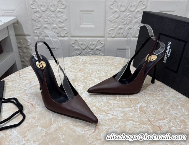 Top Grade Saint Laurent Vendome Slingback Pumps 10.5cm in Calf Leather Dark Brown 1028093