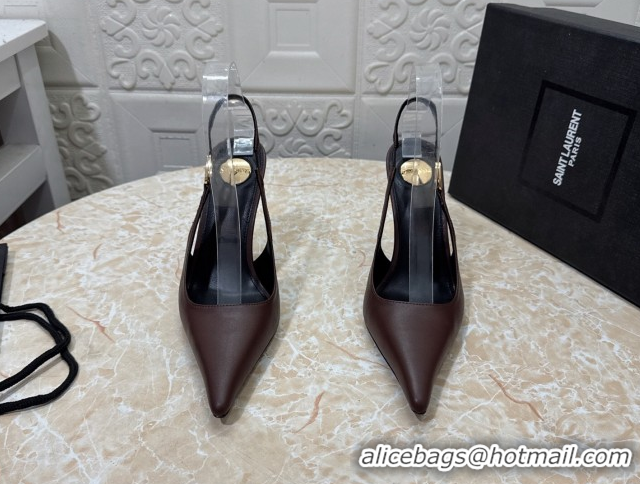 Top Grade Saint Laurent Vendome Slingback Pumps 10.5cm in Calf Leather Dark Brown 1028093