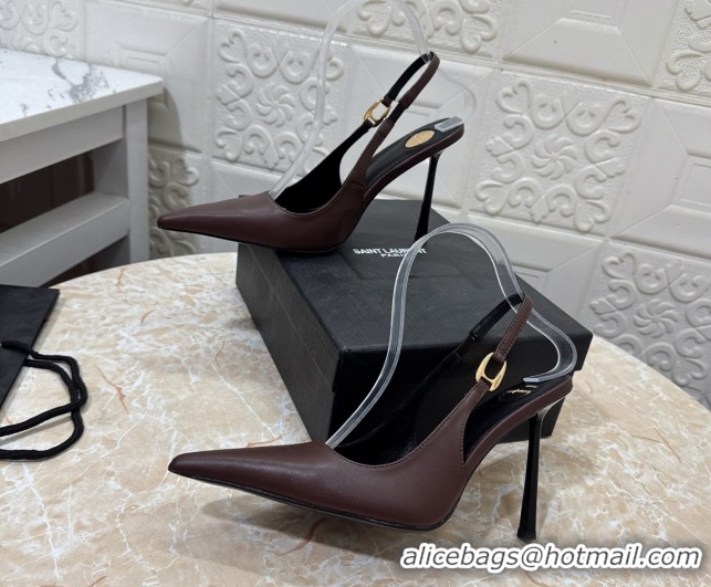 Top Grade Saint Laurent Vendome Slingback Pumps 10.5cm in Calf Leather Dark Brown 1028093
