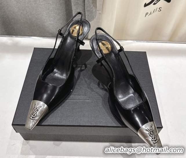 Good Quality Saint Laurent Jeanne Slingback Pumps 7.5cm in Calf Leather Black/Silver 1028098