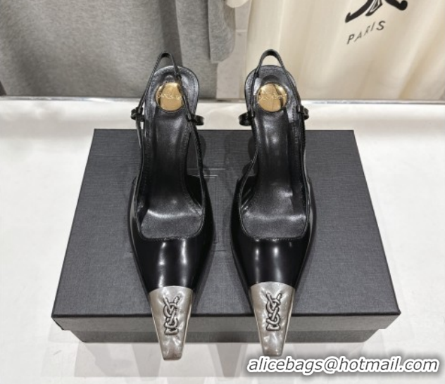 Good Quality Saint Laurent Jeanne Slingback Pumps 7.5cm in Calf Leather Black/Silver 1028098