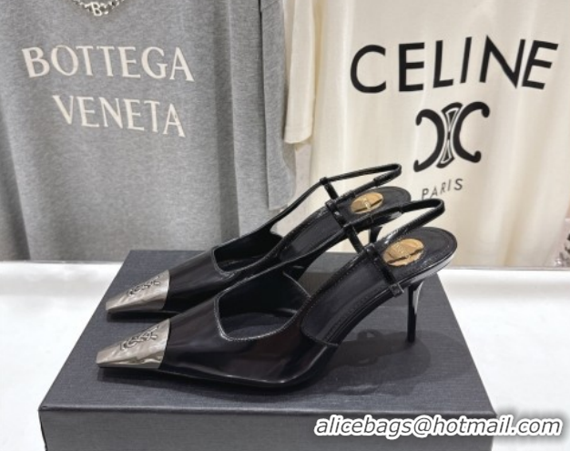 Good Quality Saint Laurent Jeanne Slingback Pumps 7.5cm in Calf Leather Black/Silver 1028098
