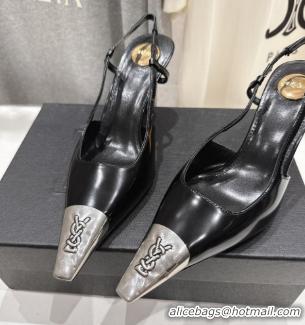 Good Quality Saint Laurent Jeanne Slingback Pumps 7.5cm in Calf Leather Black/Silver 1028098