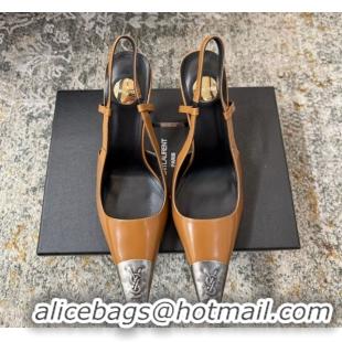 Grade Quality Saint Laurent Slingback Pumps 10.5cm in Shiny Leather Orange/Silver 1028100