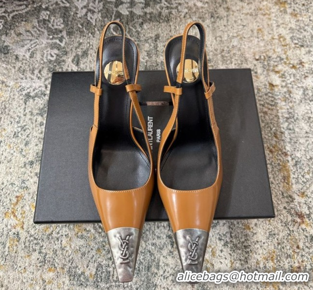 Grade Quality Saint Laurent Slingback Pumps 10.5cm in Shiny Leather Orange/Silver 1028100