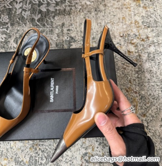 Grade Quality Saint Laurent Slingback Pumps 10.5cm in Shiny Leather Orange/Silver 1028100