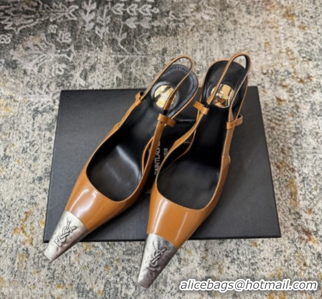 Grade Quality Saint Laurent Slingback Pumps 10.5cm in Shiny Leather Orange/Silver 1028100