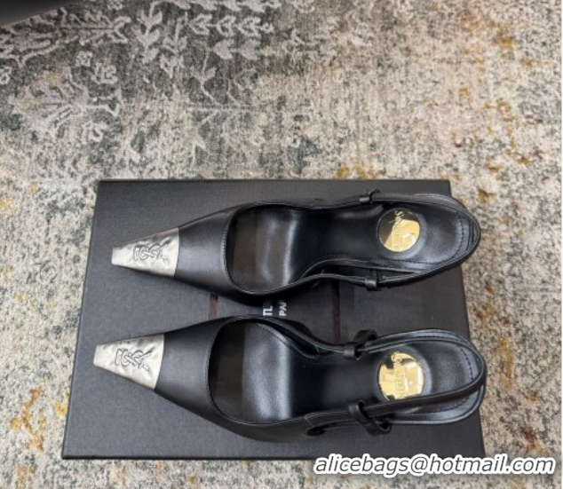 Shop Duplicate Saint Laurent Slingback Pumps 10.5cm in Calf Leather Black/Silver 1028101