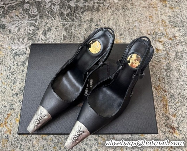 Shop Duplicate Saint Laurent Slingback Pumps 10.5cm in Calf Leather Black/Silver 1028101