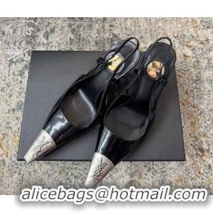 Best Product Saint Laurent Slingback Pumps 10.5cm in Shiny Leather Black/Silver 1028102