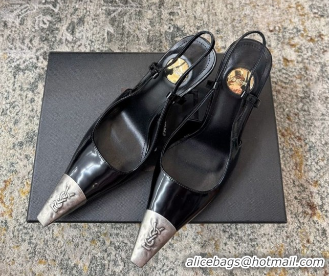 Best Product Saint Laurent Slingback Pumps 10.5cm in Shiny Leather Black/Silver 1028102