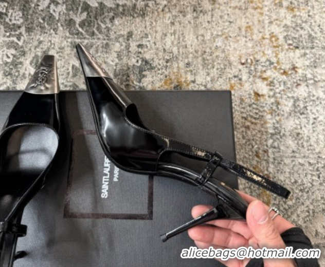 Best Product Saint Laurent Slingback Pumps 10.5cm in Shiny Leather Black/Silver 1028102