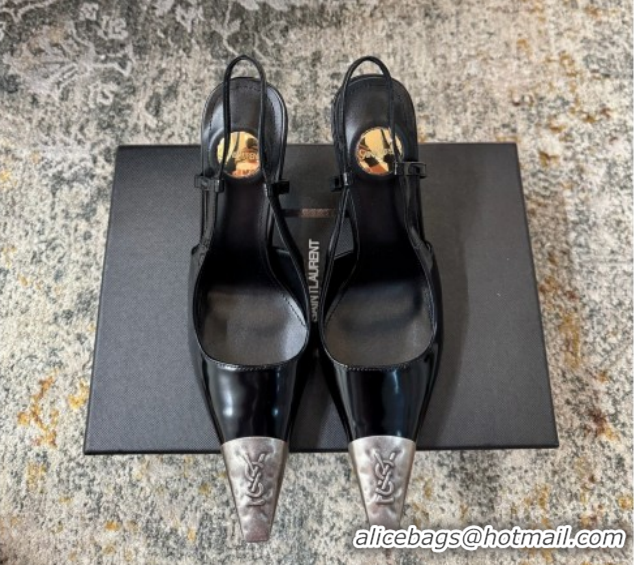 Best Product Saint Laurent Slingback Pumps 10.5cm in Shiny Leather Black/Silver 1028102