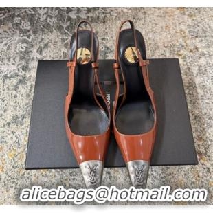 Pretty Style Saint Laurent Slingback Pumps 10.5cm in Shiny Leather Brown/Silver 1028103