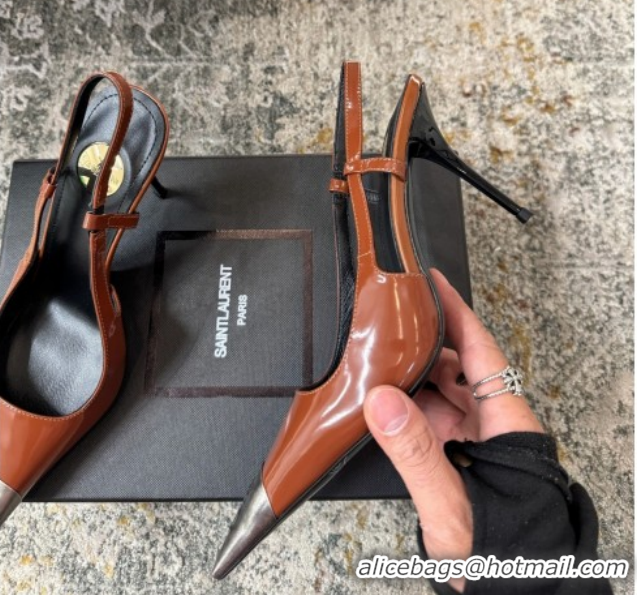 Pretty Style Saint Laurent Slingback Pumps 10.5cm in Shiny Leather Brown/Silver 1028103