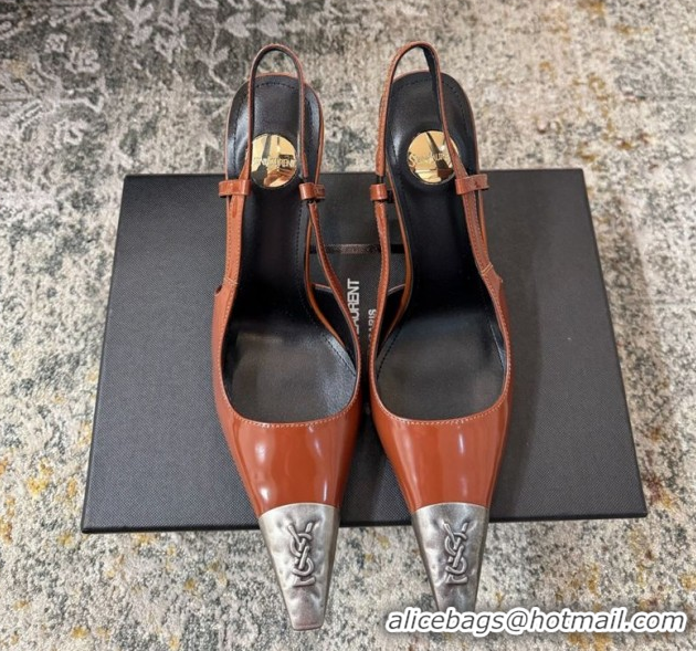 Pretty Style Saint Laurent Slingback Pumps 10.5cm in Shiny Leather Brown/Silver 1028103
