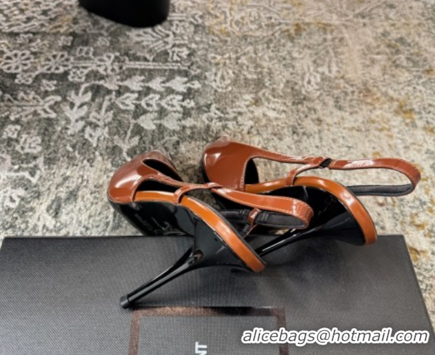 Pretty Style Saint Laurent Slingback Pumps 10.5cm in Shiny Leather Brown/Silver 1028103