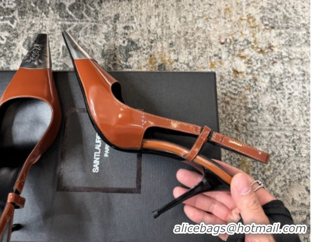 Pretty Style Saint Laurent Slingback Pumps 10.5cm in Shiny Leather Brown/Silver 1028103