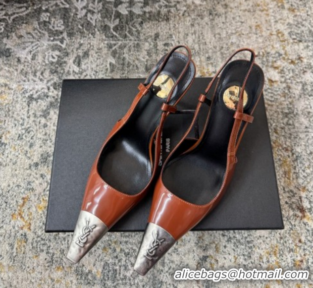 Pretty Style Saint Laurent Slingback Pumps 10.5cm in Shiny Leather Brown/Silver 1028103