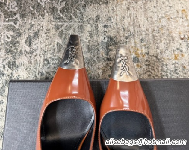 Pretty Style Saint Laurent Slingback Pumps 10.5cm in Shiny Leather Brown/Silver 1028103