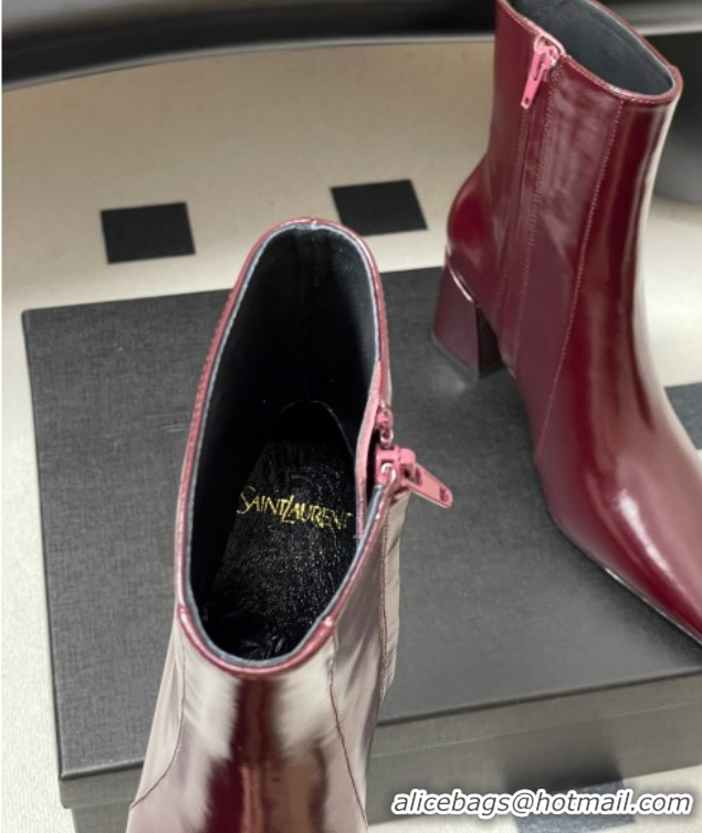Good Looking Saint Laurent Rainer Heel Ankle Boots 7.5cm in Shiny Leather Burgundy 1028107
