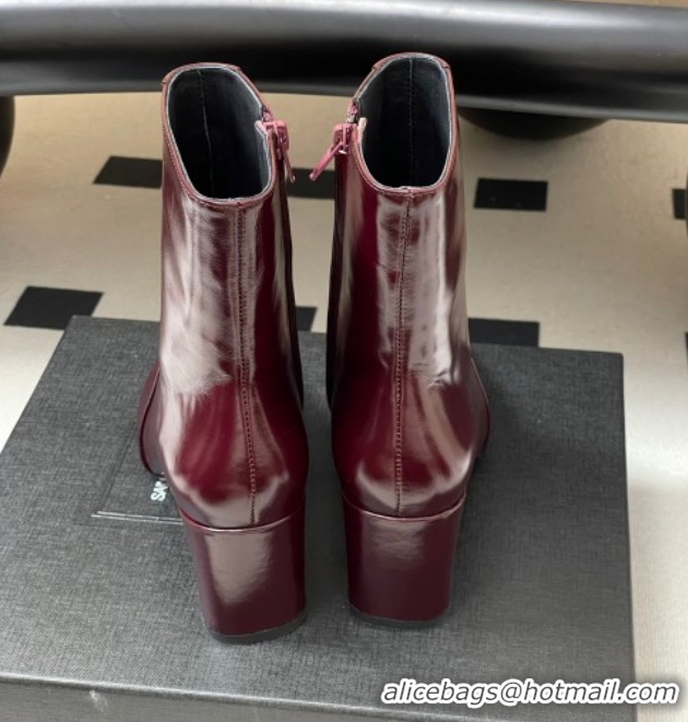 Good Looking Saint Laurent Rainer Heel Ankle Boots 7.5cm in Shiny Leather Burgundy 1028107