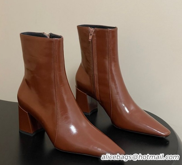 Sumptuous Saint Laurent Rainer Heel Ankle Boots 7.5cm in Shiny Leather Brown 1028108