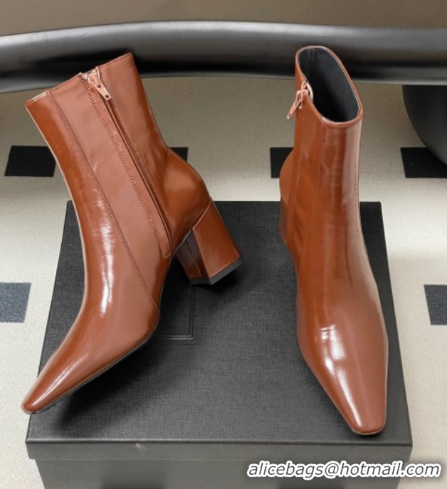 Sumptuous Saint Laurent Rainer Heel Ankle Boots 7.5cm in Shiny Leather Brown 1028108