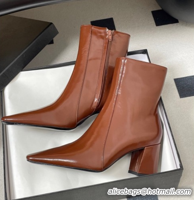Sumptuous Saint Laurent Rainer Heel Ankle Boots 7.5cm in Shiny Leather Brown 1028108