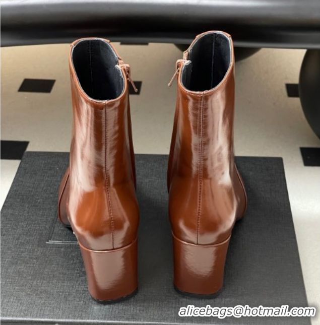 Sumptuous Saint Laurent Rainer Heel Ankle Boots 7.5cm in Shiny Leather Brown 1028108