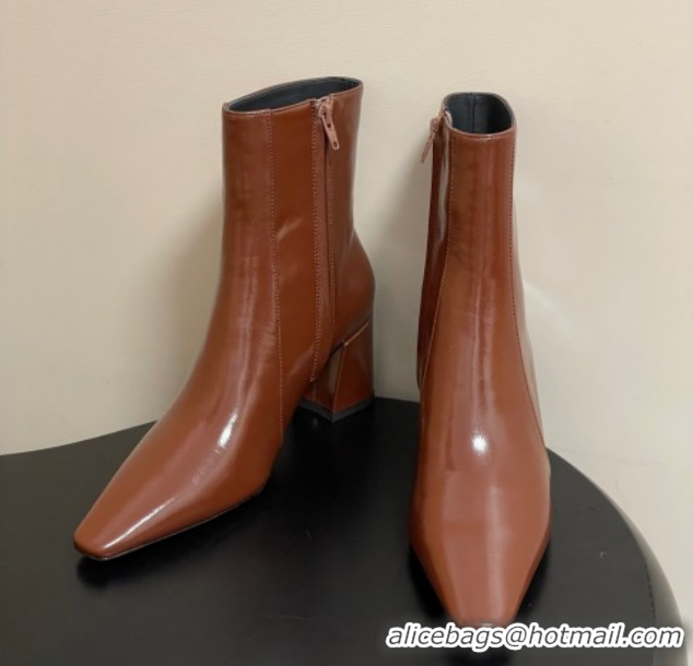 Sumptuous Saint Laurent Rainer Heel Ankle Boots 7.5cm in Shiny Leather Brown 1028108