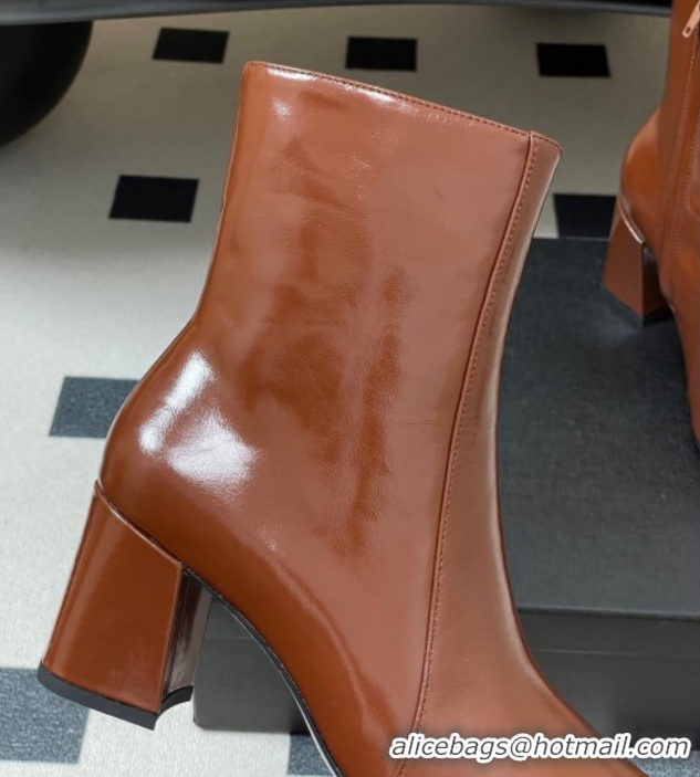Sumptuous Saint Laurent Rainer Heel Ankle Boots 7.5cm in Shiny Leather Brown 1028108