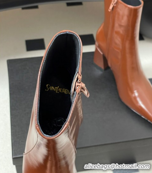 Sumptuous Saint Laurent Rainer Heel Ankle Boots 7.5cm in Shiny Leather Brown 1028108