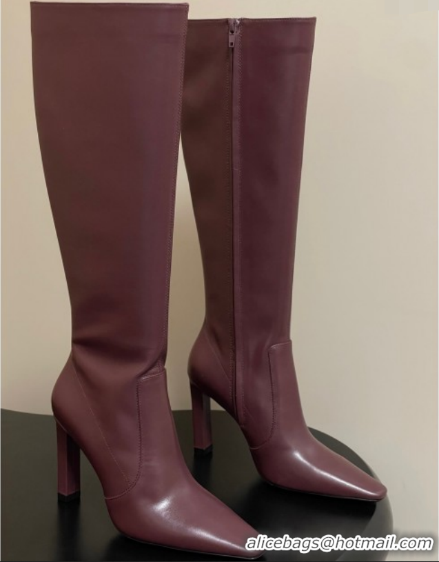 Stylish Saint Laurent Francoise Heel High Boots 10cm in Leather Burgundy 1028111