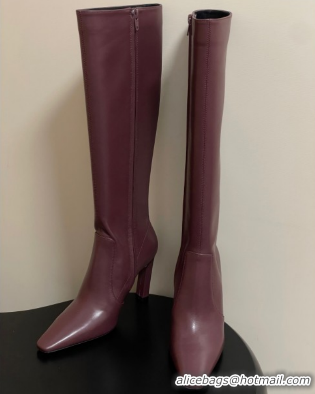 Stylish Saint Laurent Francoise Heel High Boots 10cm in Leather Burgundy 1028111