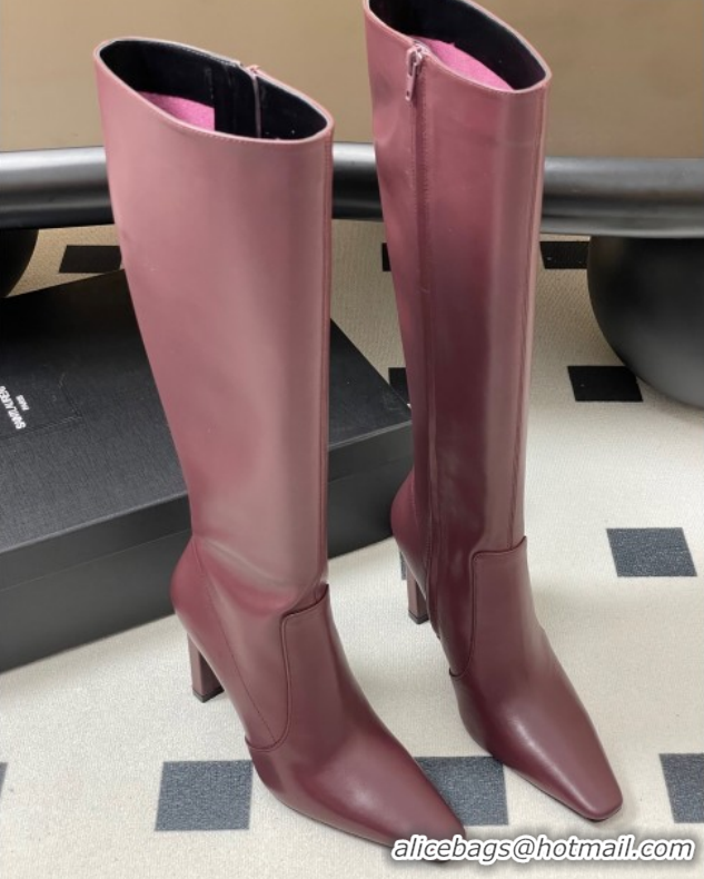 Stylish Saint Laurent Francoise Heel High Boots 10cm in Leather Burgundy 1028111