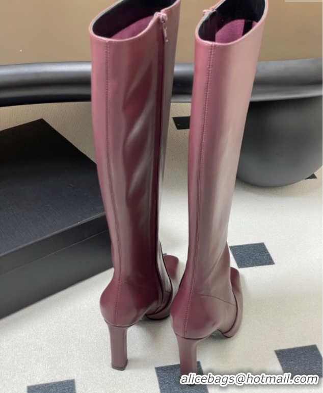 Stylish Saint Laurent Francoise Heel High Boots 10cm in Leather Burgundy 1028111