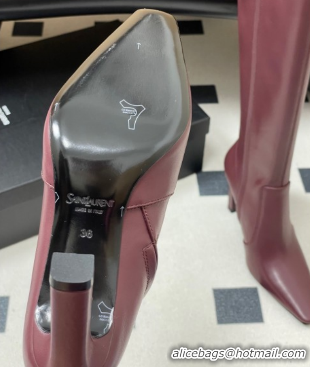 Stylish Saint Laurent Francoise Heel High Boots 10cm in Leather Burgundy 1028111