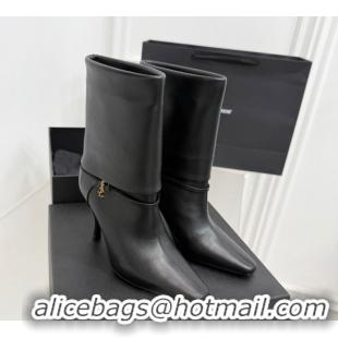 Perfect Saint Laurent Niki Heel Ankle Boots 10cm with YSL Strap in Calf Leather Black 1028116