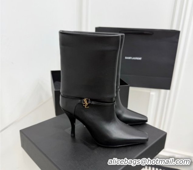 Perfect Saint Laurent Niki Heel Ankle Boots 10cm with YSL Strap in Calf Leather Black 1028116